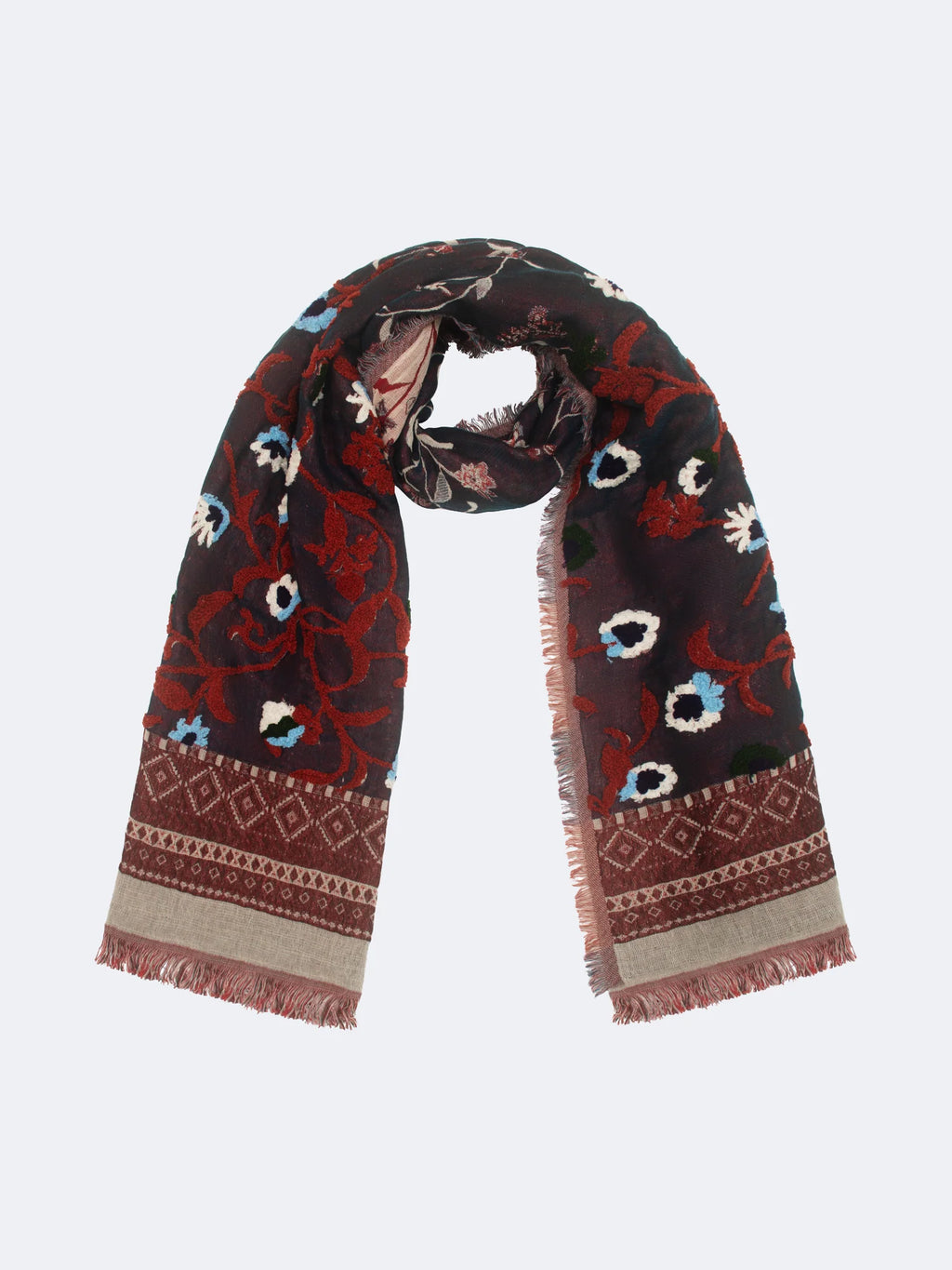 SCARF17258 | Navy Soft Cotton Embroidered Floral Scarf