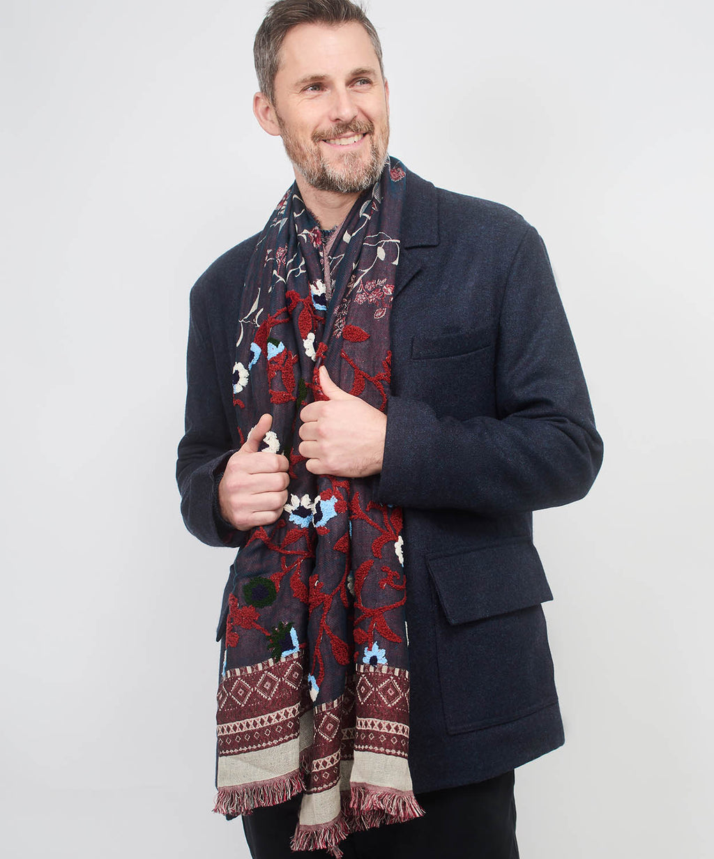 SCARF17258 | Navy Soft Cotton Embroidered Floral Scarf