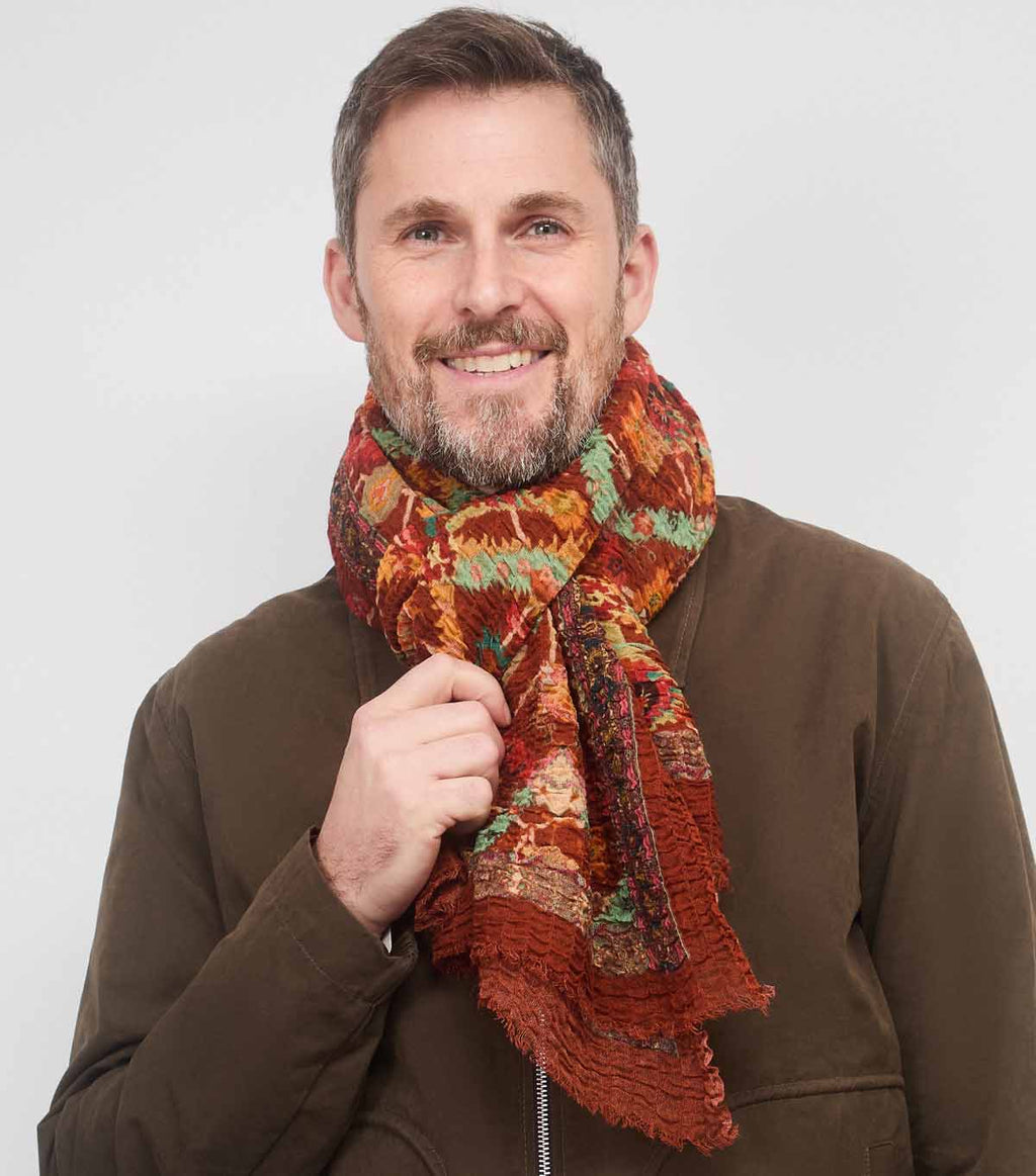 SCARF18504 | Rust Brown Kilim Printed Crinkle Scarf