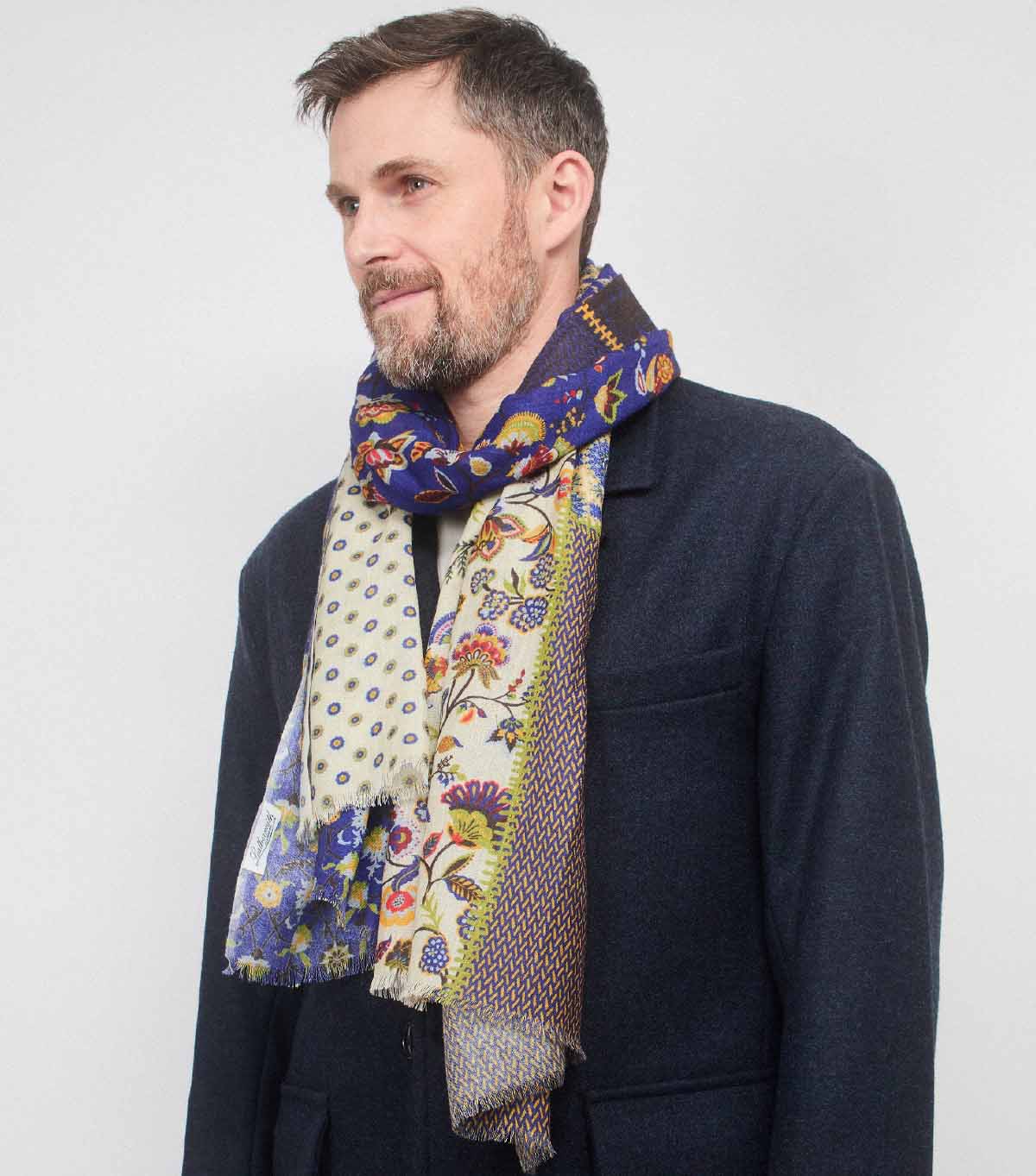 SCARF16647 | Navy/Green Patchwork Printed Scarf