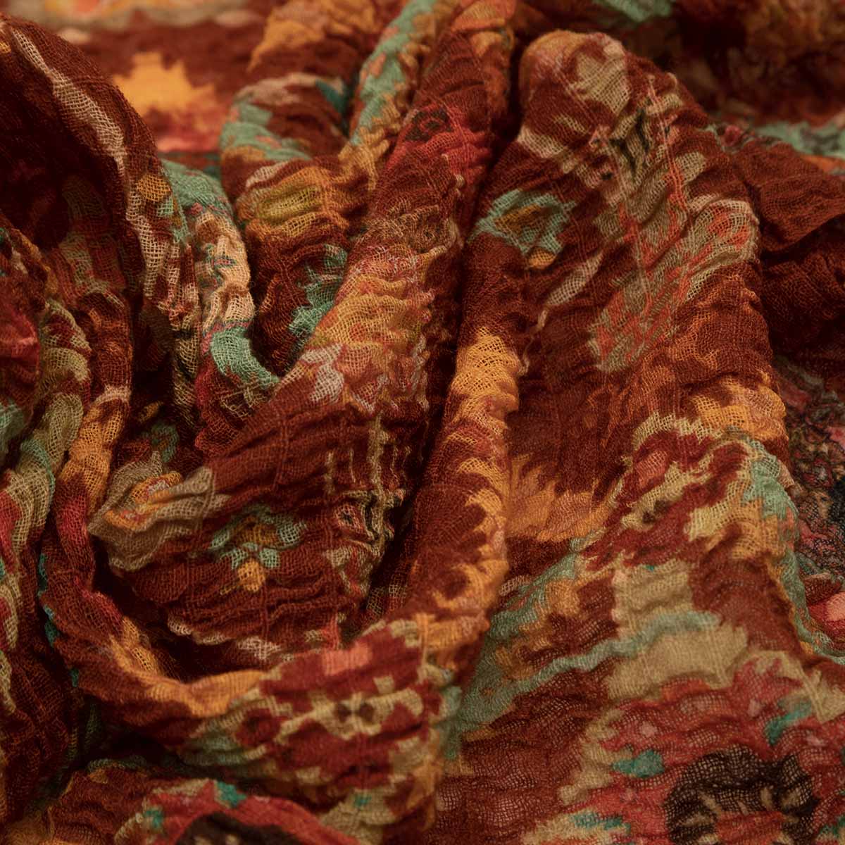 SCARF18504 | Rust Brown Kilim Printed Crinkle Scarf