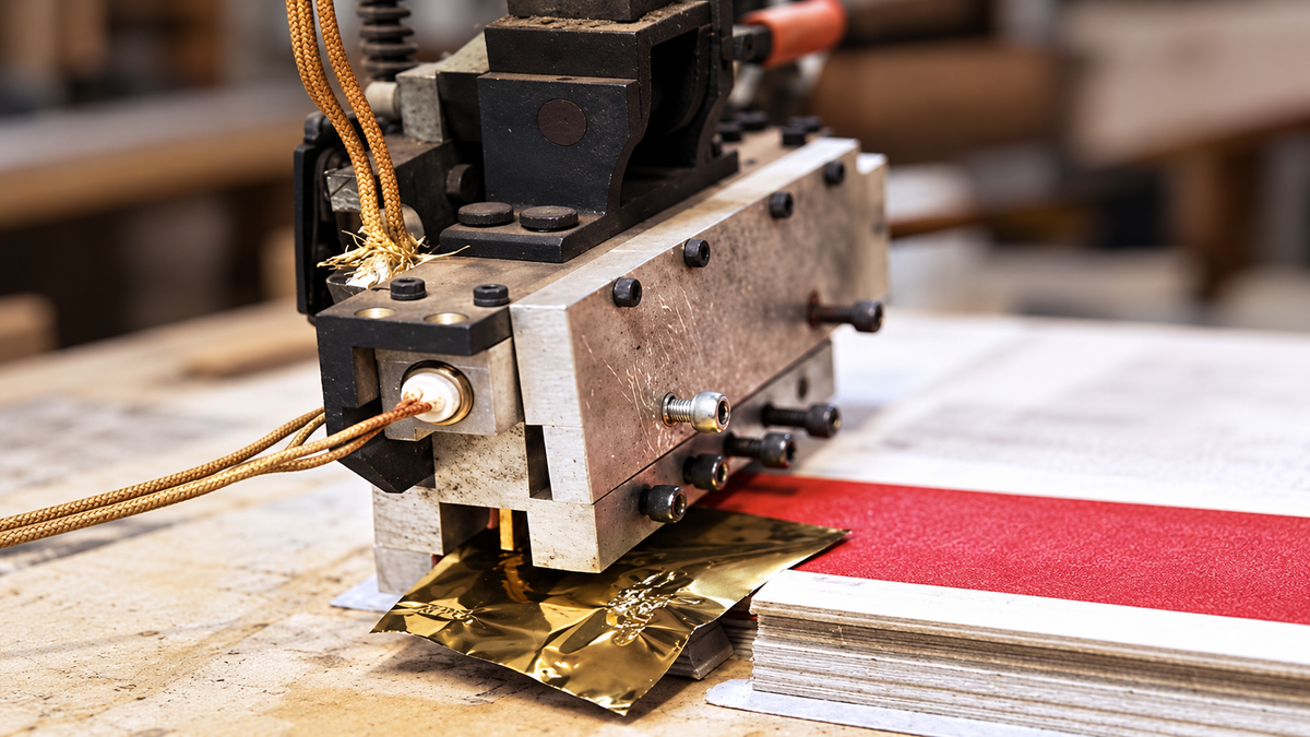 A close-up of a metallic stamping or embossing machine pressing a gold foil sheet onto a stack of printed sheets, with a red textured sheet visible beside it on a workbench.
