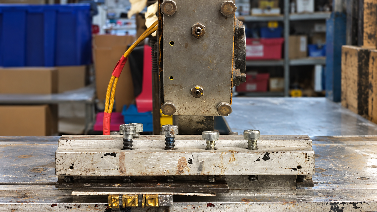 Front view of a bookbinding stamping press with brass letter dies on a worn metal workbench.